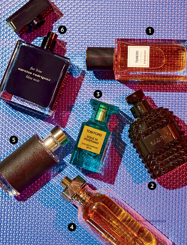 Tuxedo eau de parfum, Uomo Intense eau de parfum, Sole di Positano eau de parfum, L’Envol de Cartier eau de parfum, L’Homme Prada eau de toilette, and For Him Bleu Noir eau de toilette