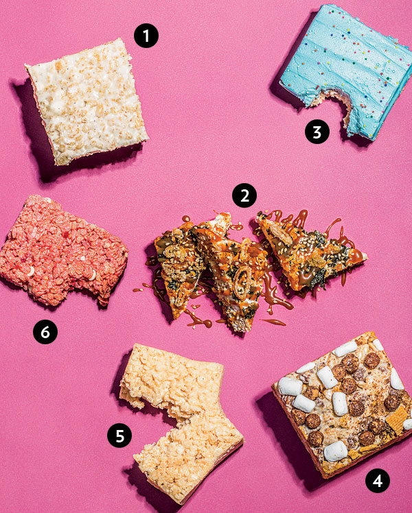 Six varieties of rice krispies treats