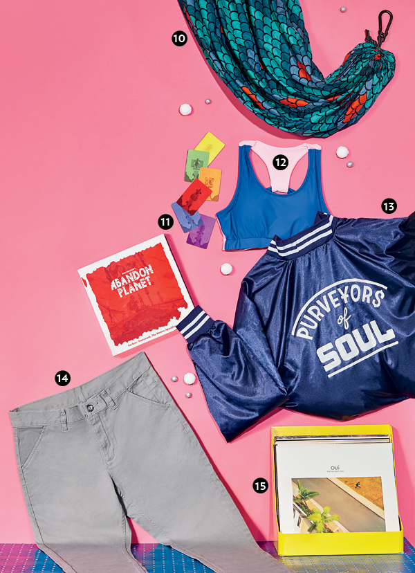 Nylon two-person hammock, Abandon Planet board game, moisture-wicking sports bra, satin baseball jacket with the O’My’s band logo, stretch chinos, and a powder-coated aluminum storage container for LPs