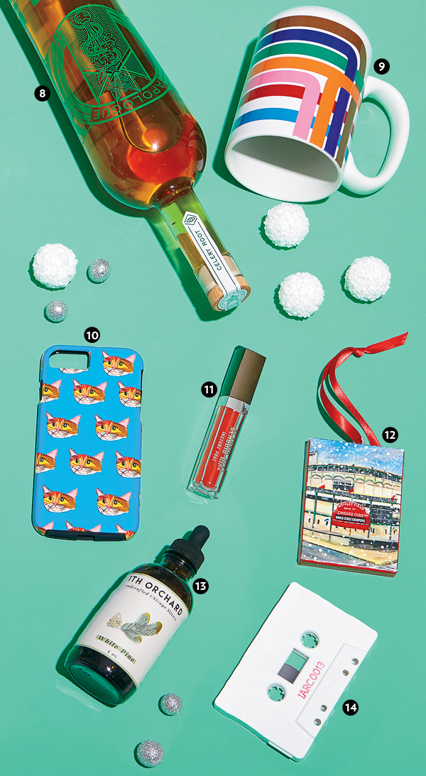 Celery root liqueur, ceramic coffee mug, cell phone case, beeswax and ozocerite lip gloss, handmade ornament, foraged white pine bitters, and a limited-edition cassette of Makaya McCraven’s 'Highly Rare'