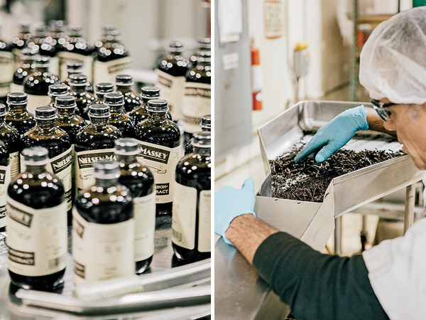 Labeled bottles ready to go; sifting seeds out of the vanilla beans