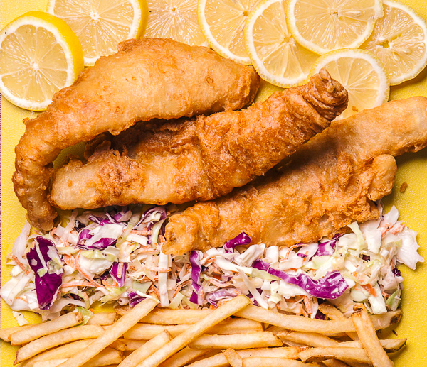 Fried fish, coleslaw, and French fries