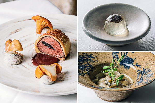 Beef tenderloin with truffle in brioche; truffle-champagne gelee; truffle-foie gras ravioli