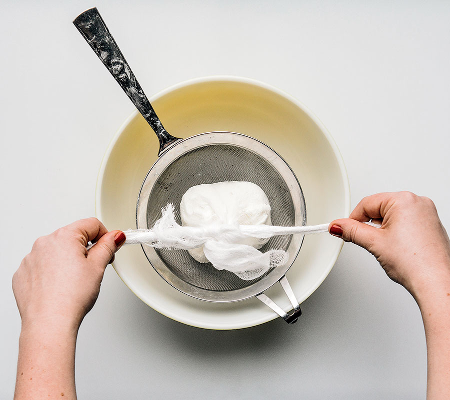 Greek yogurt in cheesecloth