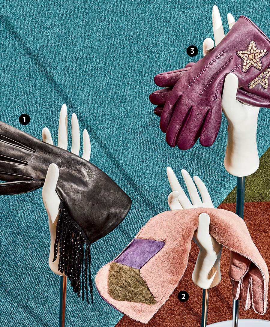 Leather gloves with poly-satin lining and metal-studded fringe, shearling and leather gloves, and leather gloves with merino wool lining and crystal embellishments