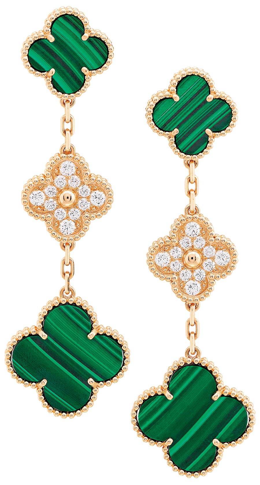 Gold, malachite, and diamond earrings