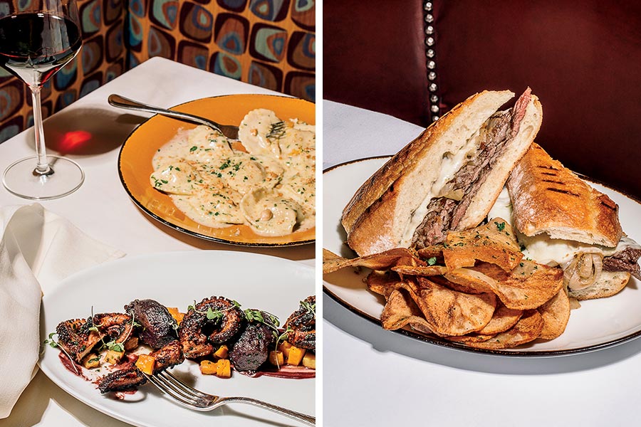 The Village’s prime steak sandwich and charcoal-grilled Spanish octopus and moon-shaped pasta with butternut squash at Vivere