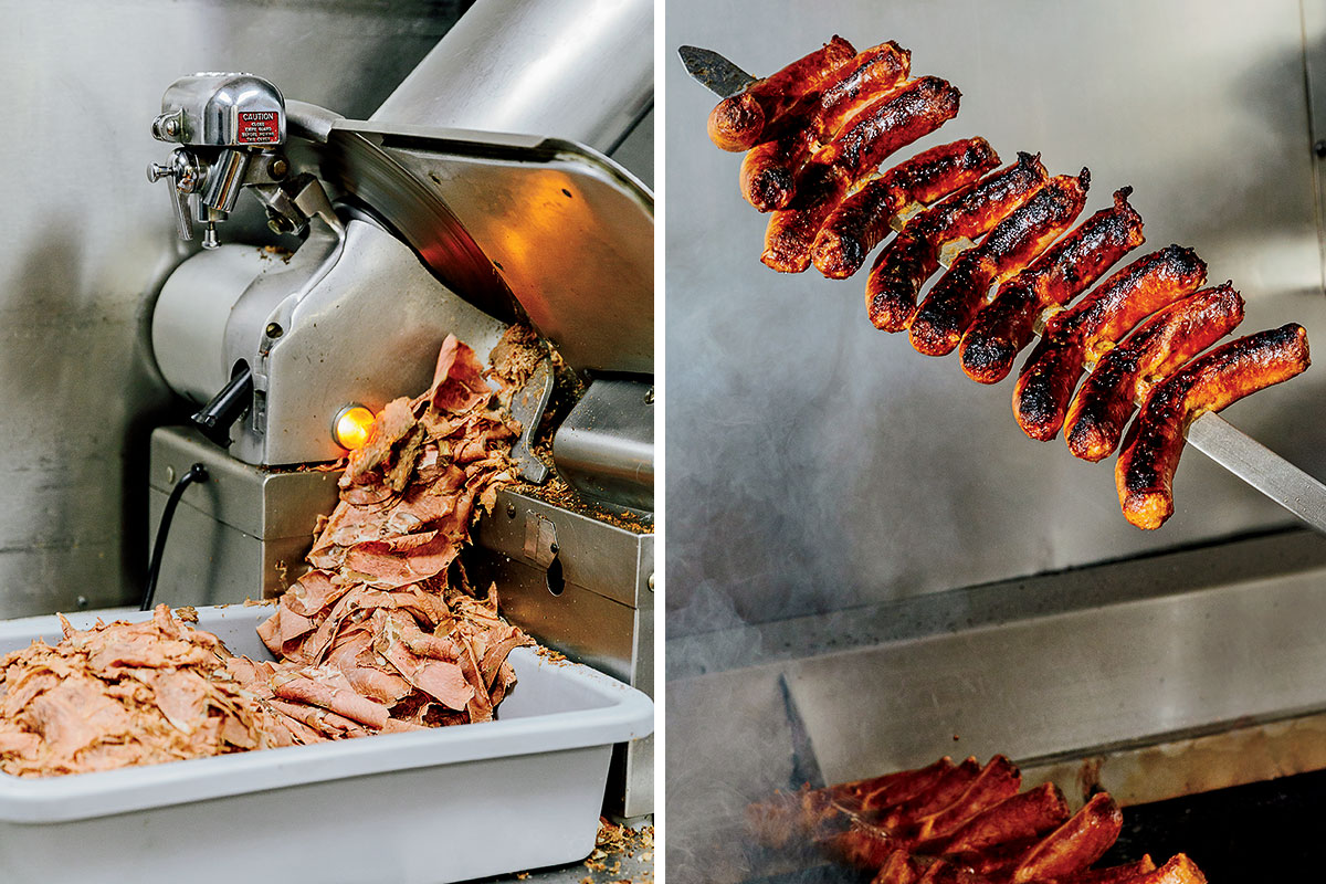 Beef being sliced and sausages