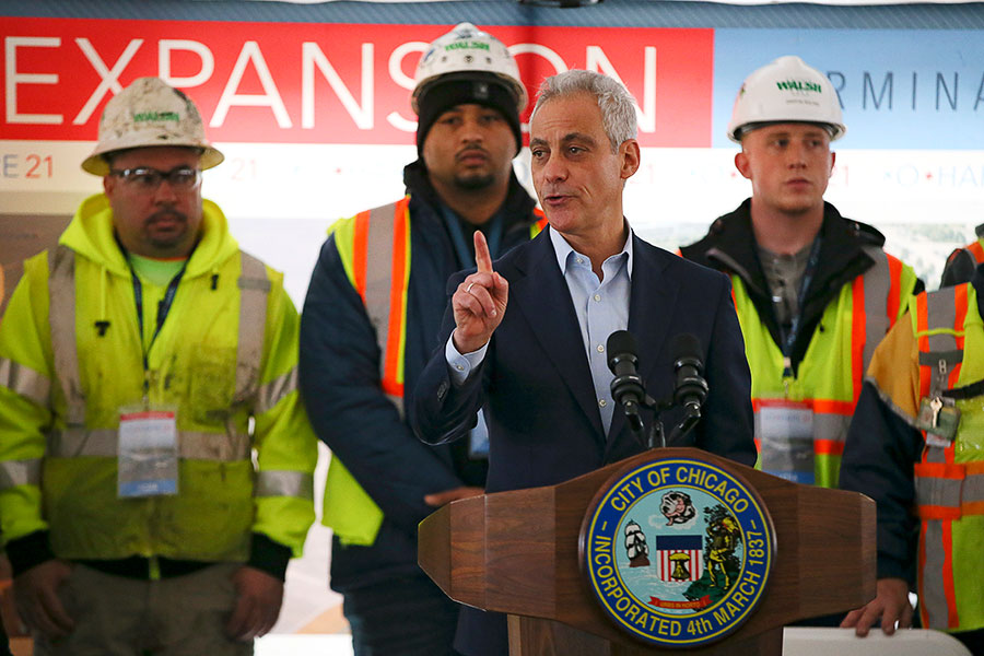 Mayor Rahm Emanuel speaks at the groundbreaking ceremony for the $1.2 billion expansion of O’Hare Airport Terminal 5 on March 20, 2019
