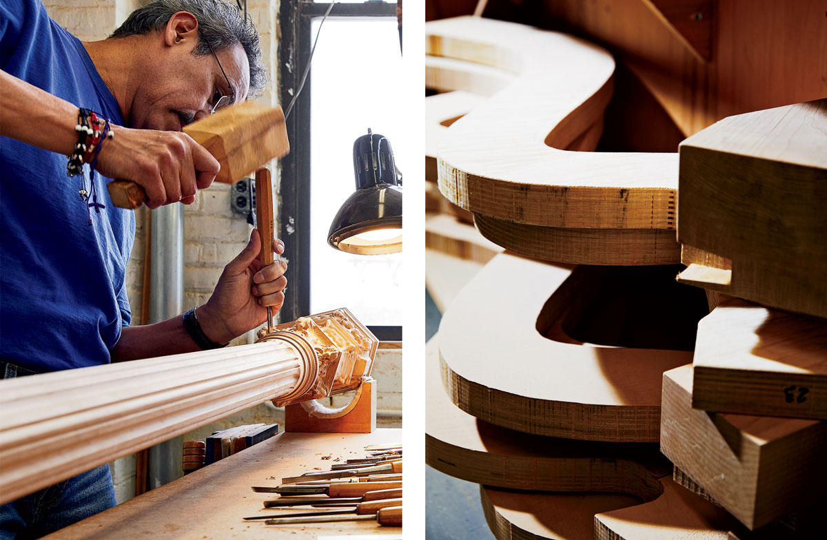 Left to right: Raul Barrera carves roses and other details into a concert grand’s maple column; Lyon & Healy’s harps are partly made from Sitka spruce, an evergreen native to the Pacific Northwest.