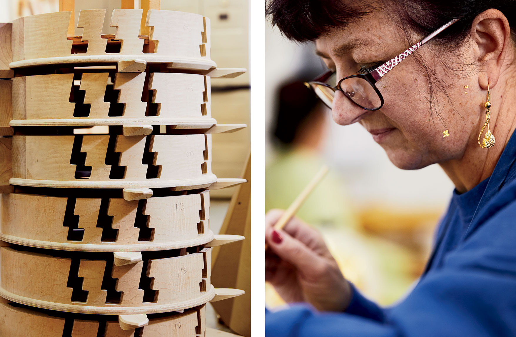 Left to right: Barbara Urban, a gilder, must rub a squirrel-hair brush on her face to generate the static electricity needed to pick up fragile gold leaf, leaving specks on her cheek; a stack of harp bases, which will have pedals installed into their lightning-bolt-shaped slots.