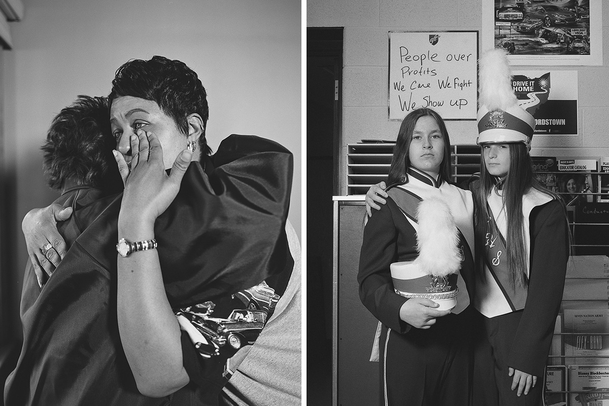 GM worker Beverly Williams (right) in her living room; Lordstown high schoolers Cindy Higinbotham and Monet Hostutler