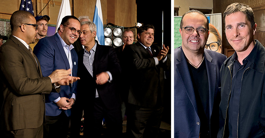 Pissios speaking with Mayor Rahm Emanuel during a press conference in February; with Christian Bale at a charity event at Cinespace in May