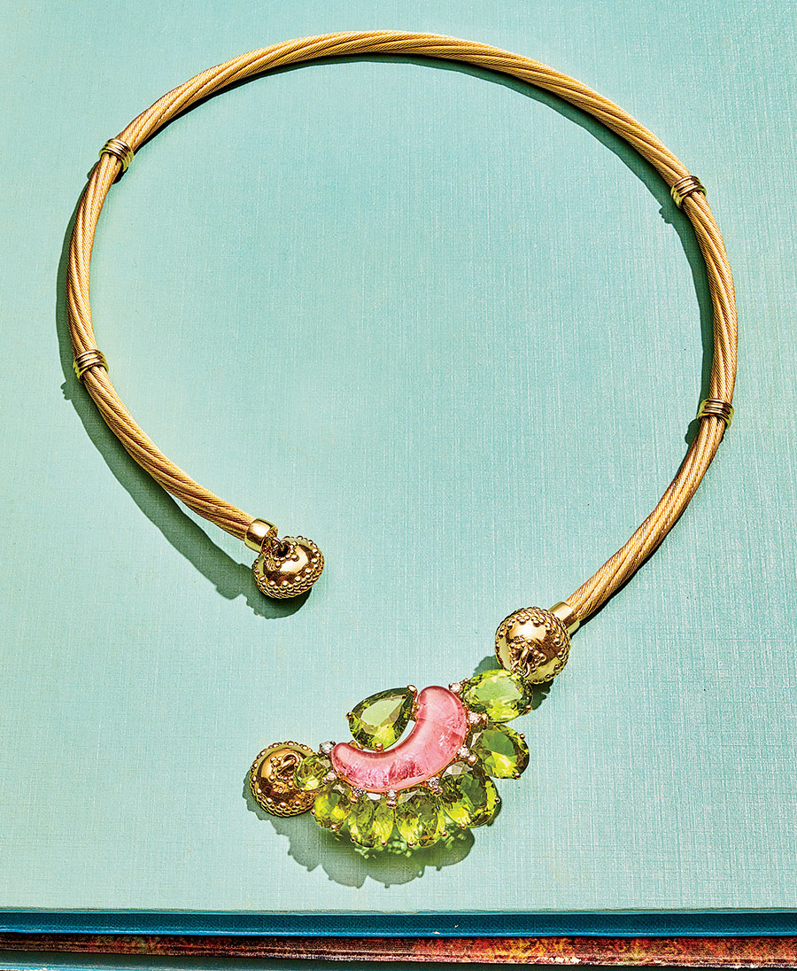Solid 18-karat gold necklace with an 18-karat gold, peridot, diamond, and pink tourmaline centerpiece
