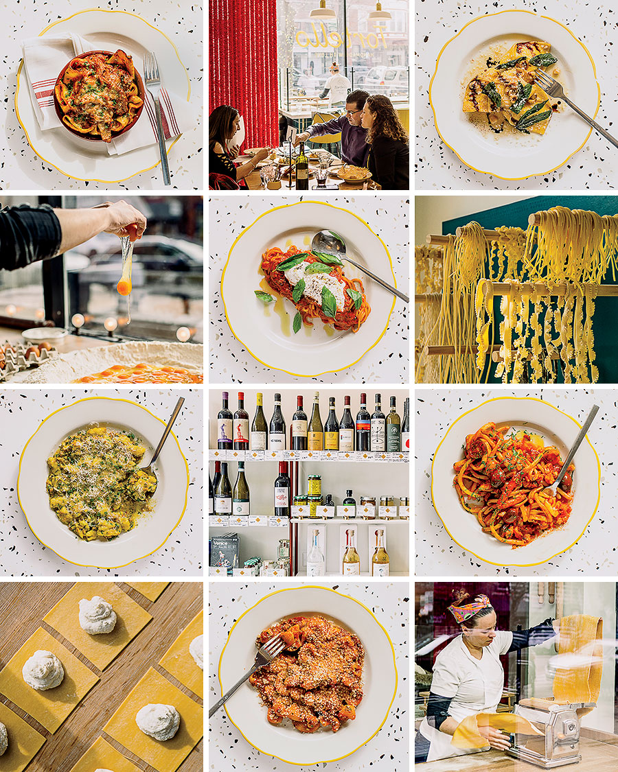 Pappardelle, (right) Tortelli. Second row: (middle) Spaghetti. Third row: (left) Chiusoni, (right) Bucatini. Fourth row: (middle) Lumache.