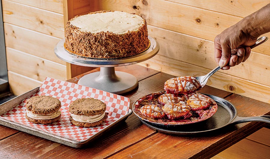 Hummingbird cake, grunt (fruit cobbler), and sandwich cookies