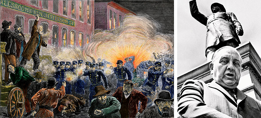 An illustration of the Haymarket riot; Mayor Richard J. Daley