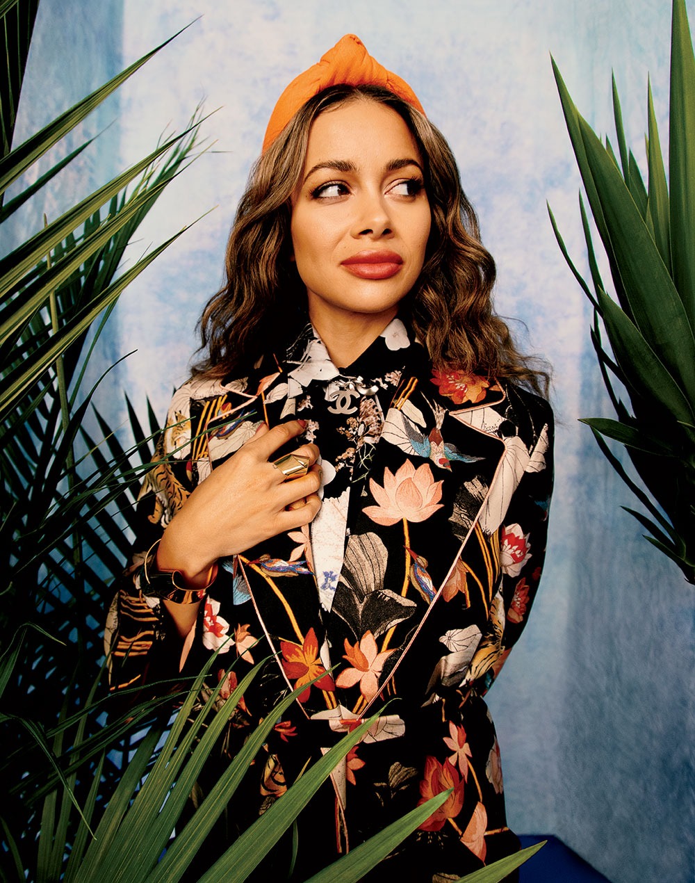 Sarah Gorden, wearing an Agnona silk shirt, Etro silk jacket, linen and cotton headband, Oblik Atelier 14-karat gold-plated brass ring, and Chanel metal and plastic choker.