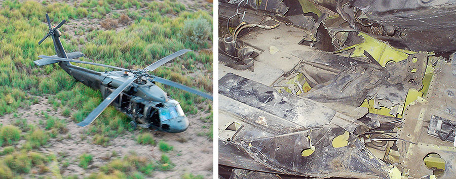 Outside and inside the crashed Black Hawk