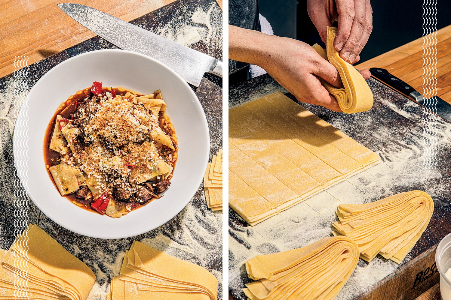 Bowl of pappardelle and a chef cutting fresh pasta