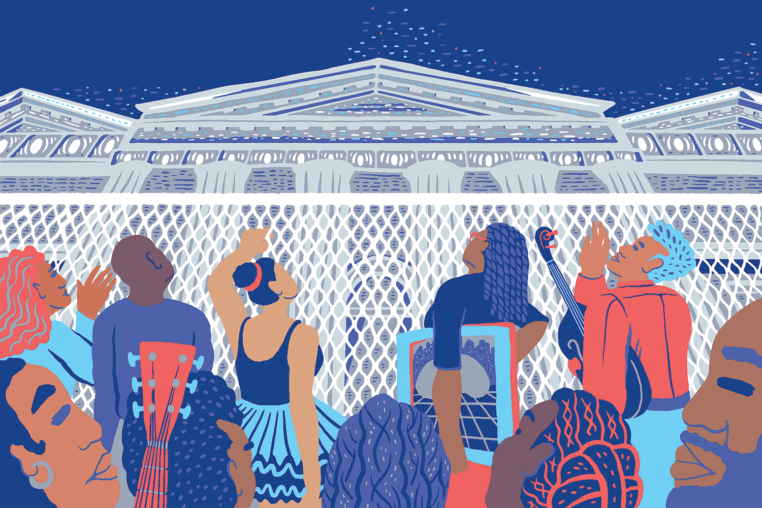 Illustration of people standing at a fence in front of a muesum