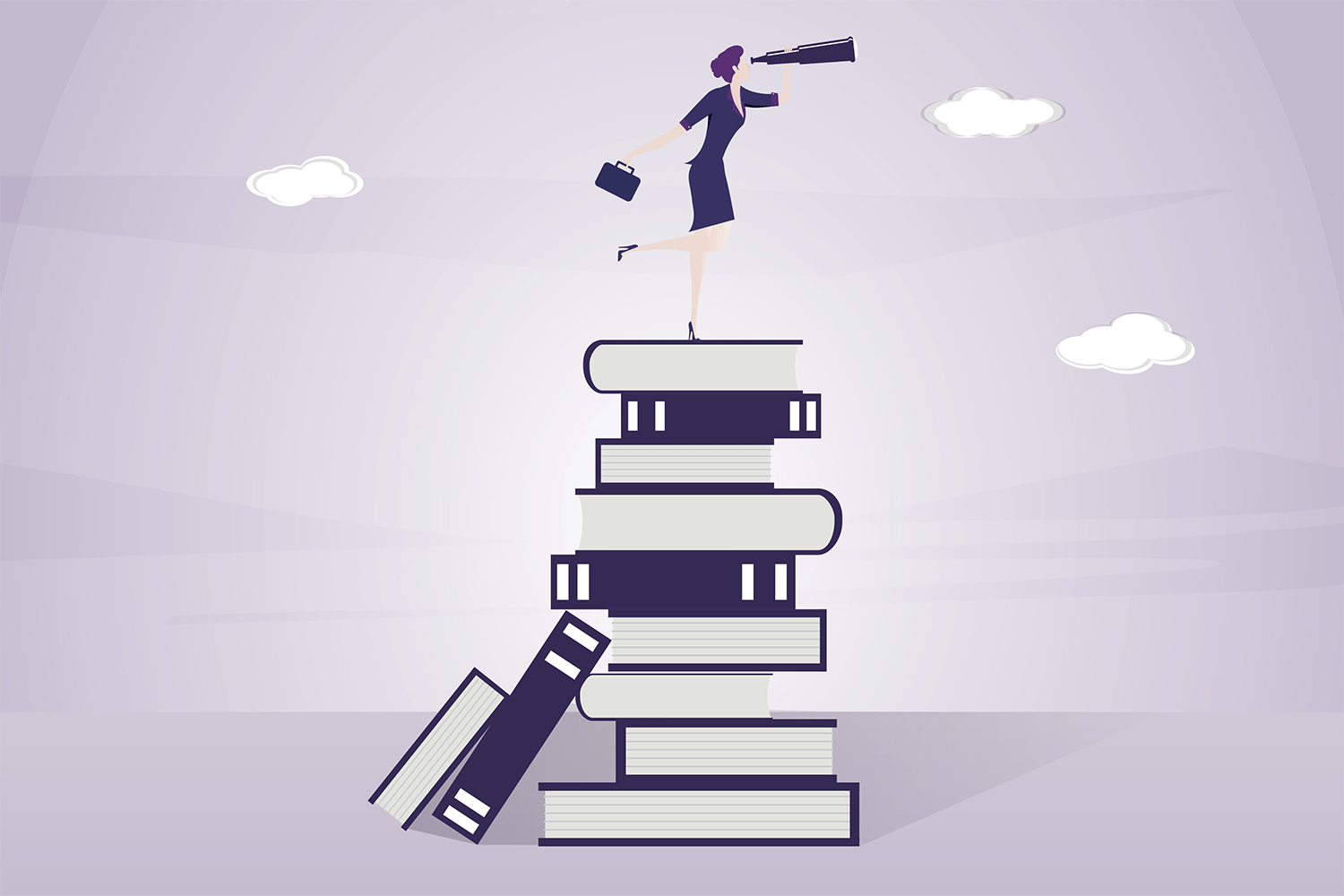 illustration of a woman standing on a stack of books