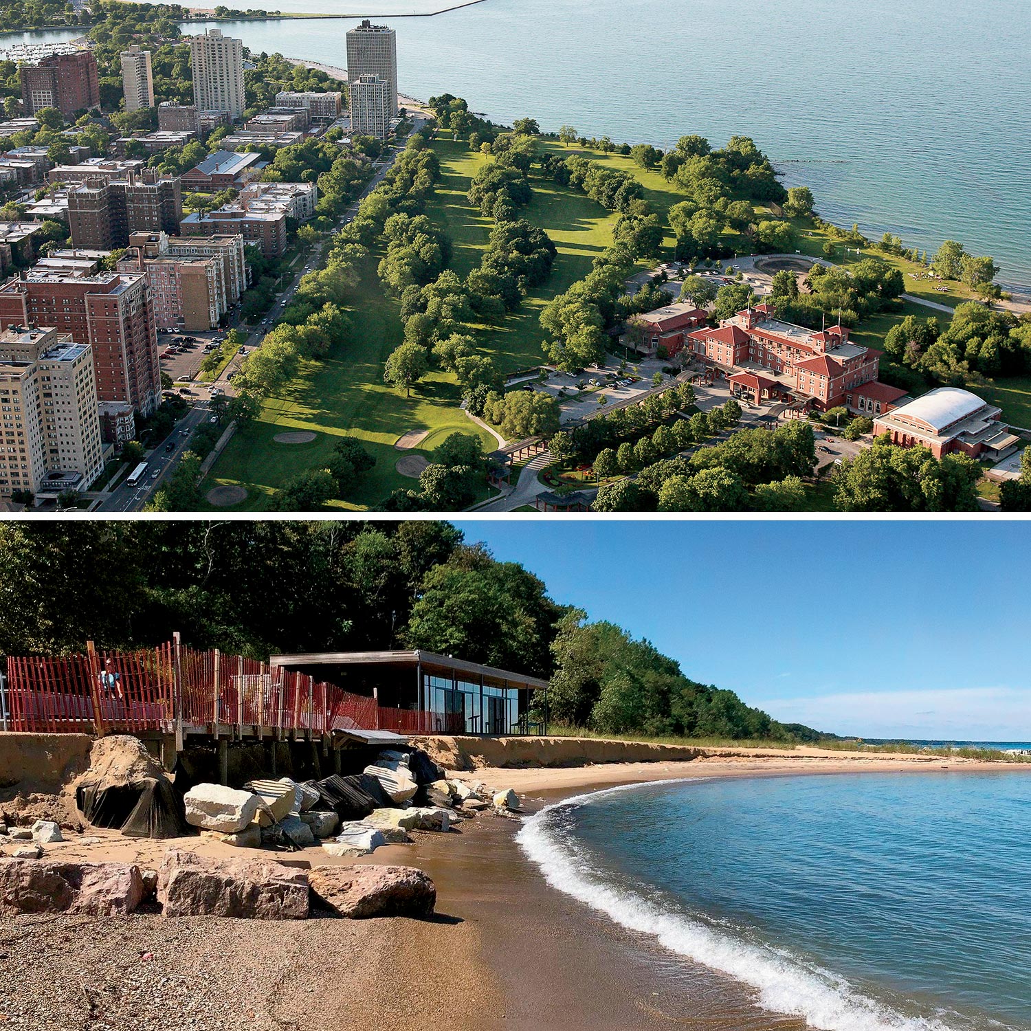 Top: The South Shore Cultural Center, at lower right; Bottom: Rosewood Beach in Highland Park