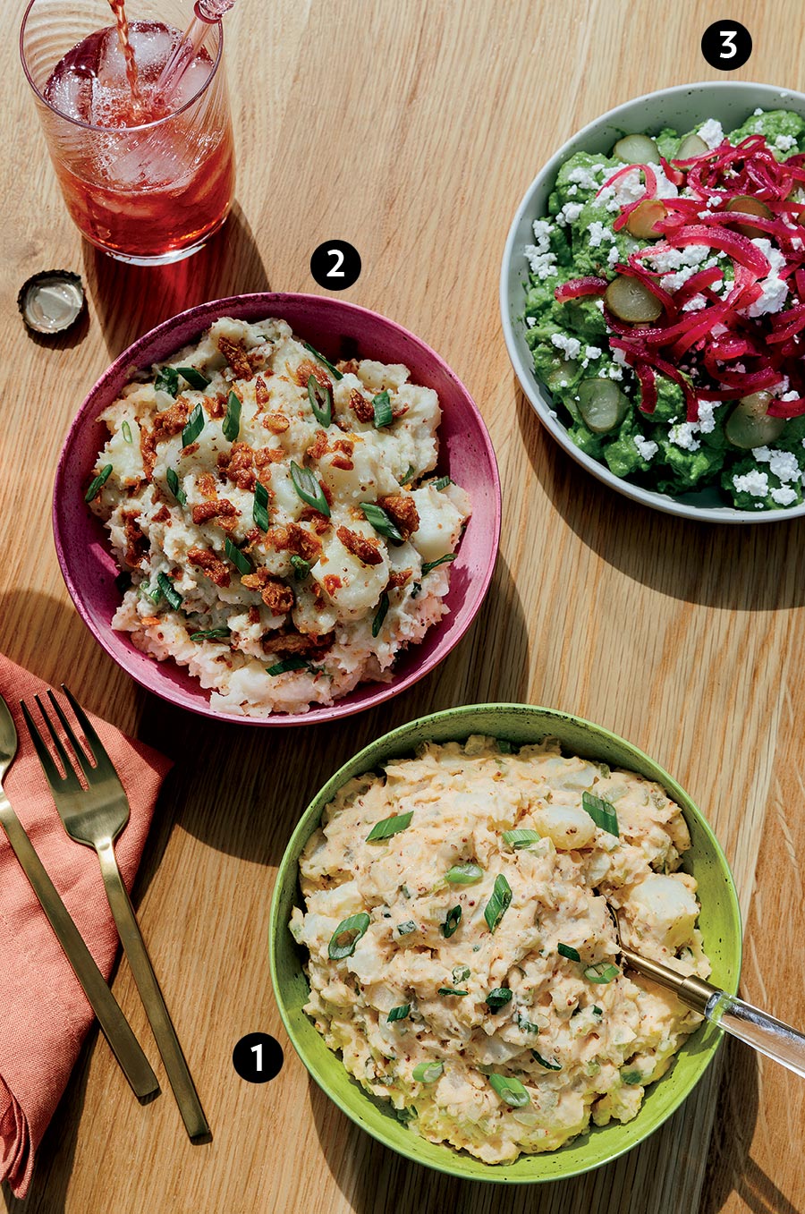 Galit’s Potato Salad, Schmaltzy Potato Salad With Gribenes and Mustard, and Herby Tahini Potato Salad With Bulgarian Feta and Too Many Pickles