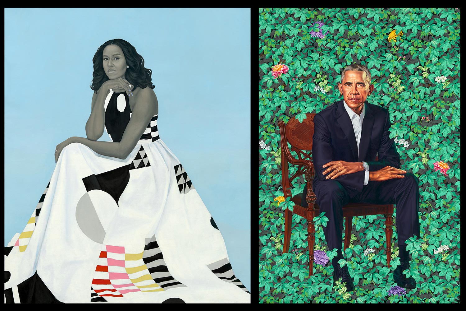 (Left) Amy Sherald. ‘Michelle LaVaughn Robinson Obama,’ 2018. Oil on linen. (Right) Kehinde Wiley. ‘Barack Obama,’ 2018. Oil on canvas.