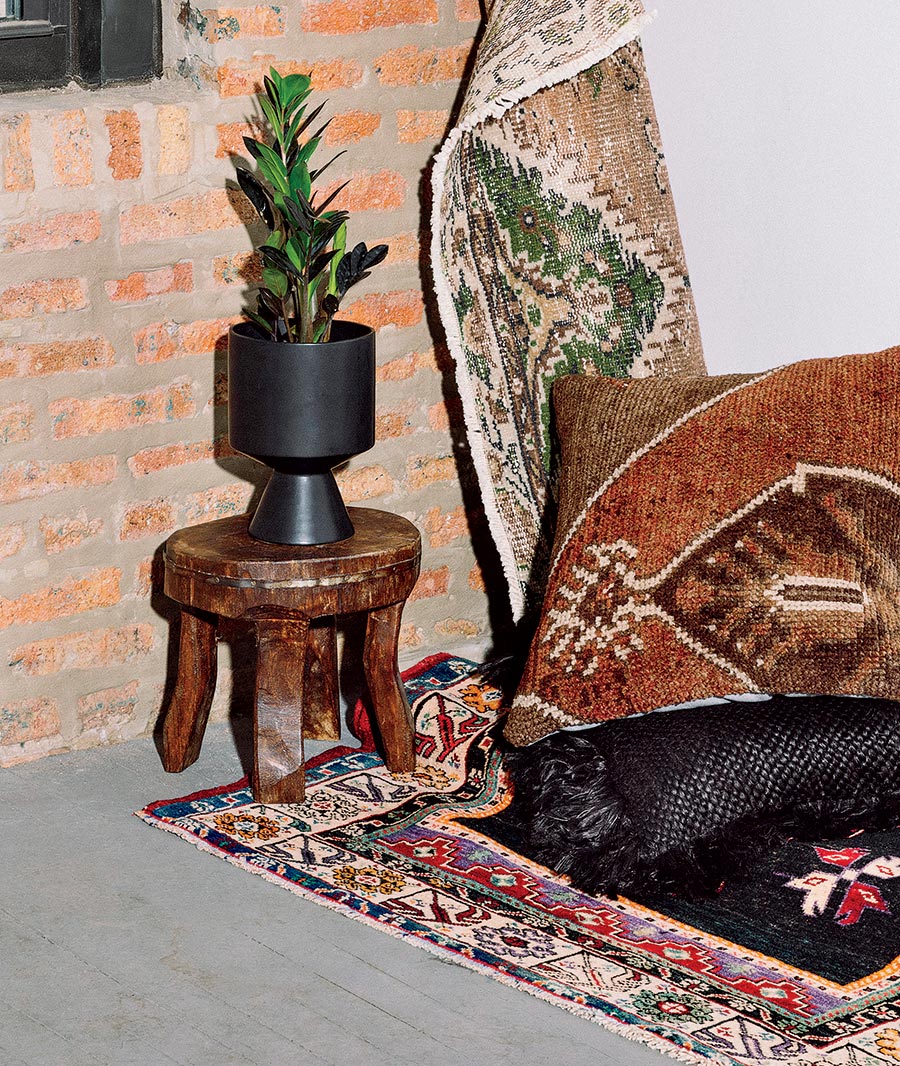 Vintage Turkish throw rugs; Vintage kilim pillow; Jute pillow; Vintage wooden stool; Planter with six-inch ZZ plant