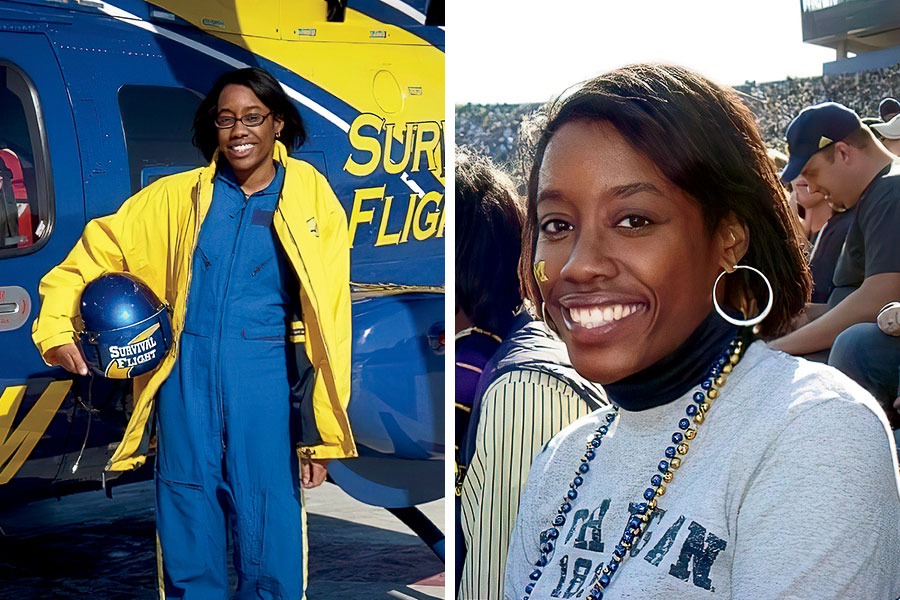 From left: Underwood suited up to ride along with a medevac team as part of her clinical training in 2008; at a University of Michigan football game in 2009, a year after earning her bachelor’s in nursing at the school