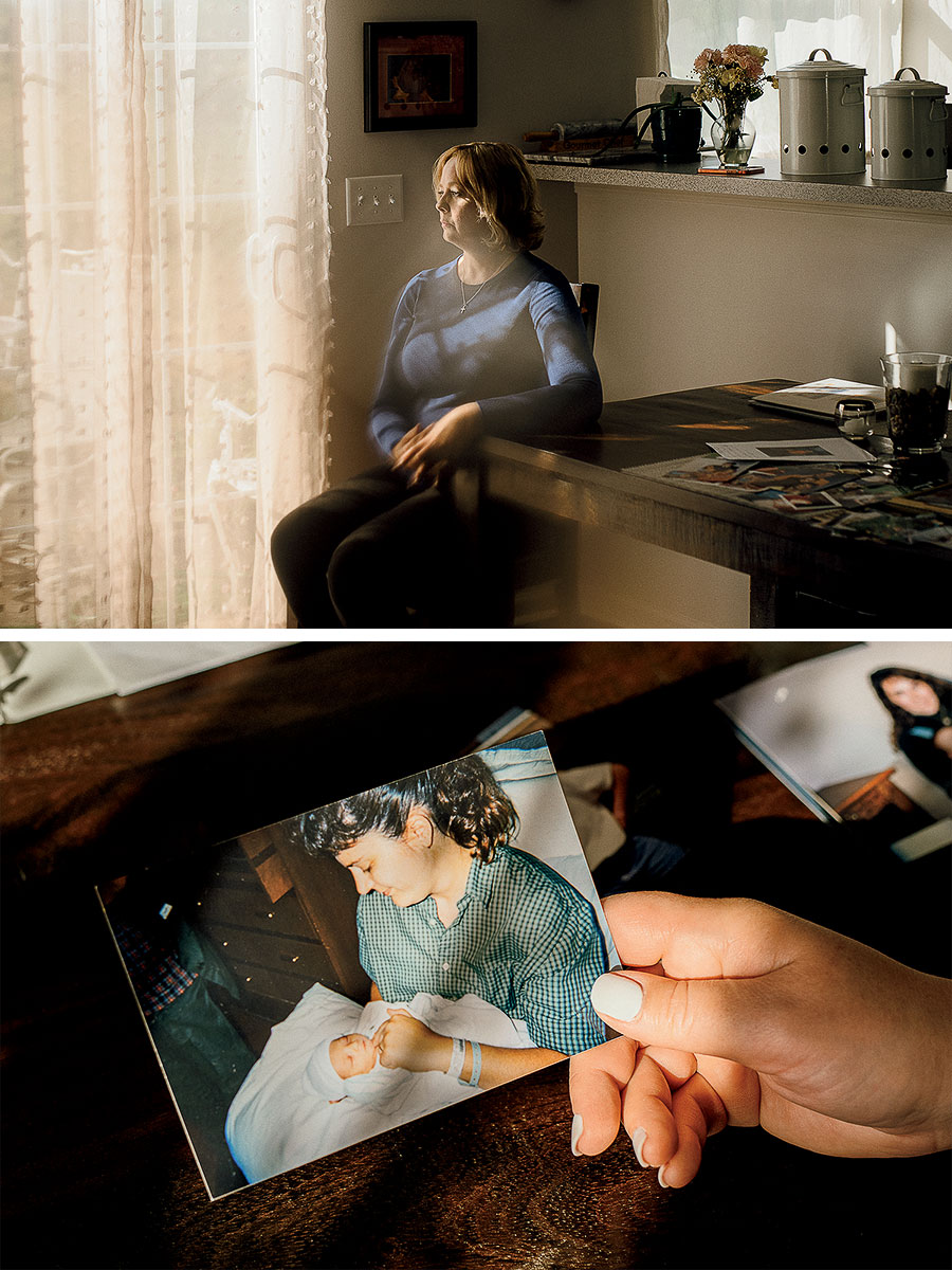 Kara Jacobs (top) and her holding a photo of her sister, Amy Fry-Pitzen (bottom, with Timmothy)