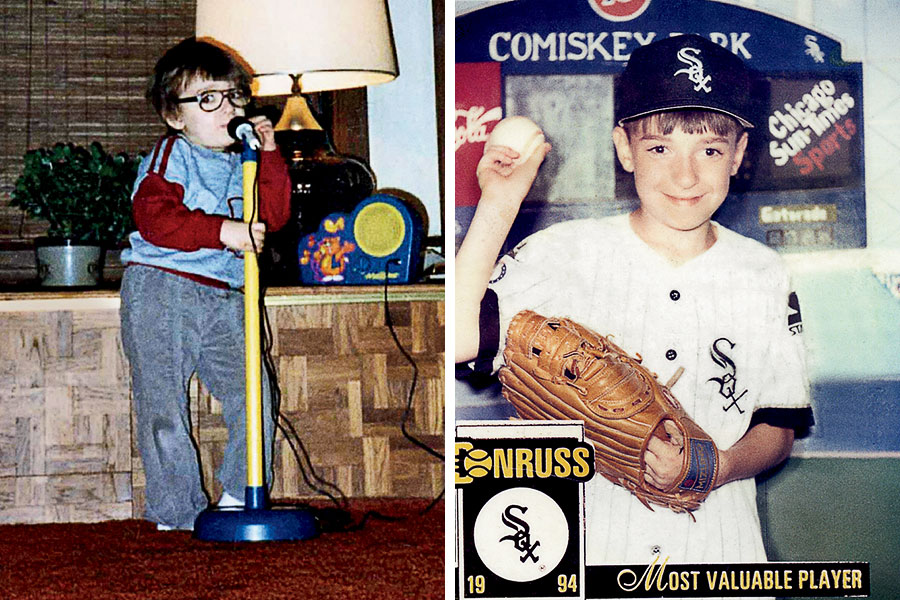 A young Benetti performs at the microphone. At right, Benetti posed in 1994 for this personalized baseball card at the New Comiskey Park.