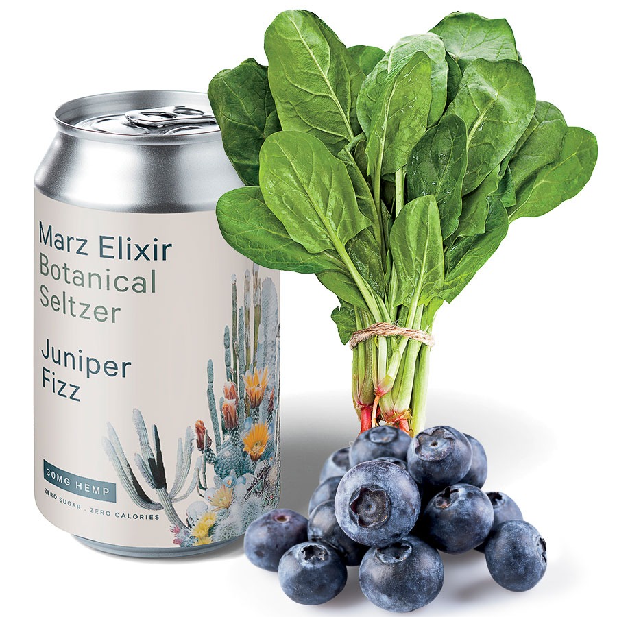 A can of CBD seltzer, spinach, and blueberries