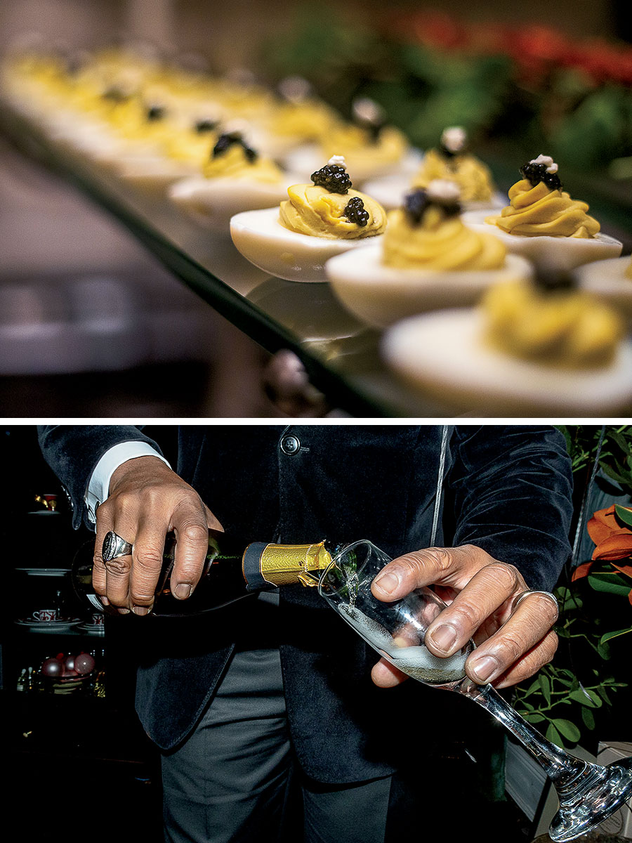 Caviar-topped deviled eggs; guest Jonathan Dyer pouring Champagne