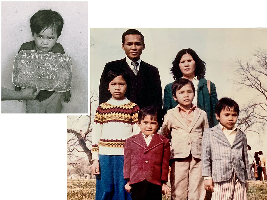 Huynh at 3, at a Malaysian refugee camp; with his family (in red jacket) after arriving in the United States.