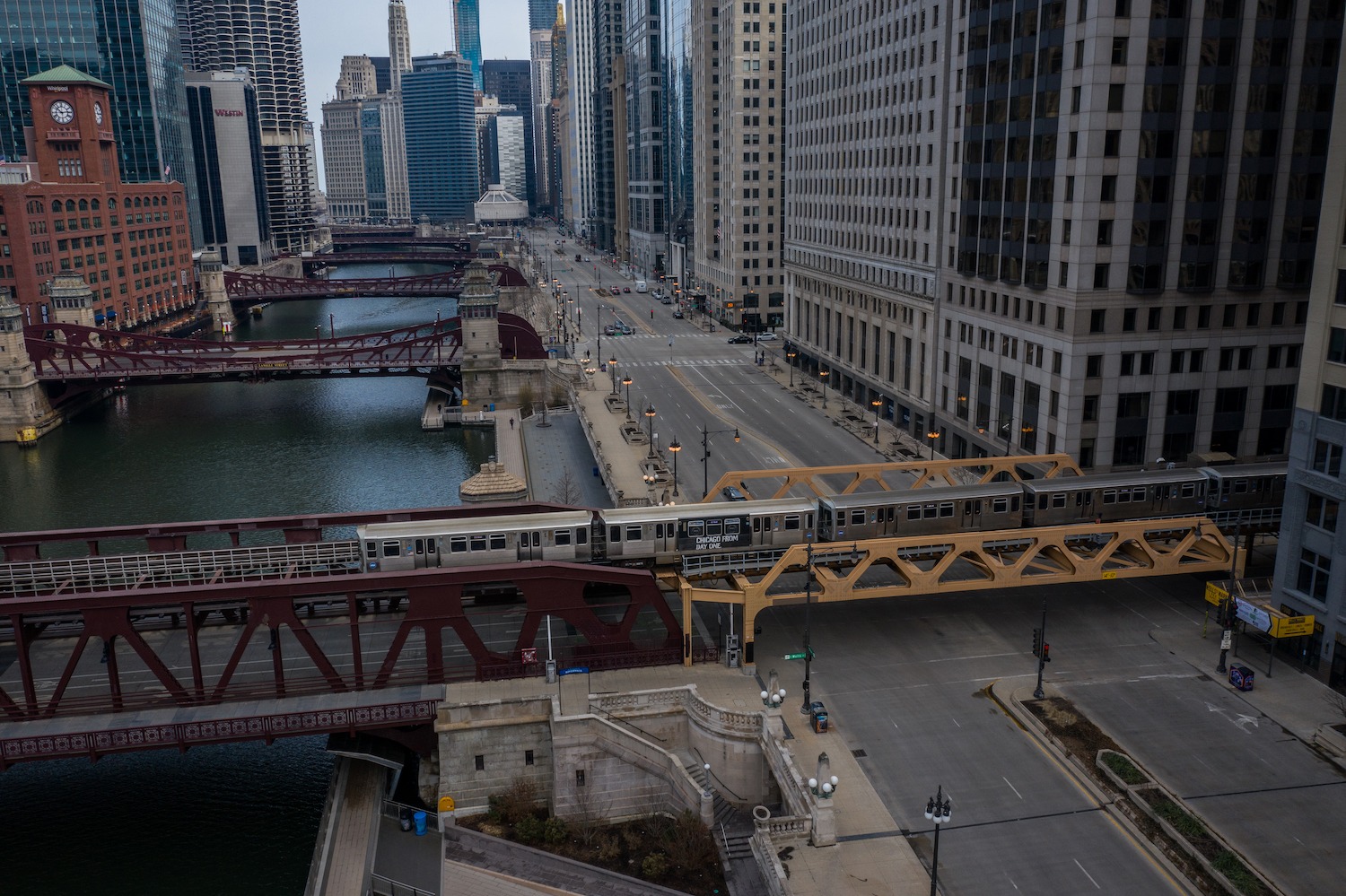 Aerial view of a train over West Wacker Drive at North Franklin Street.