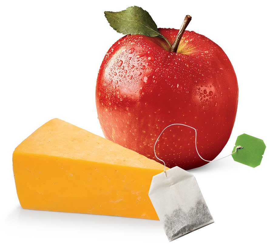 Apple, cheese, and tea bag