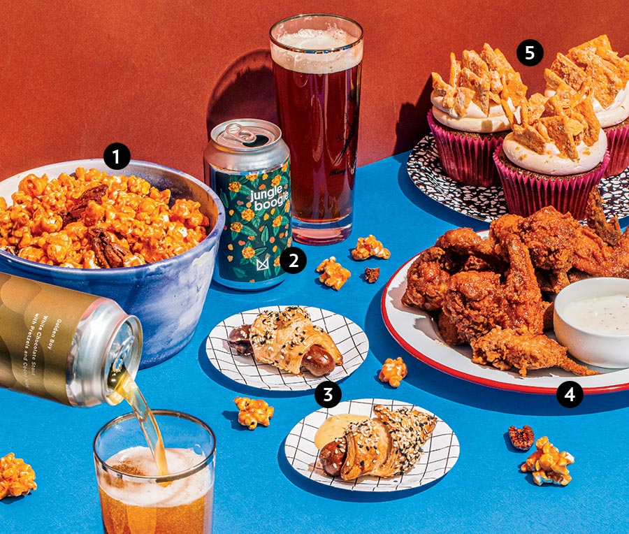 A table of Super Bowl snacks