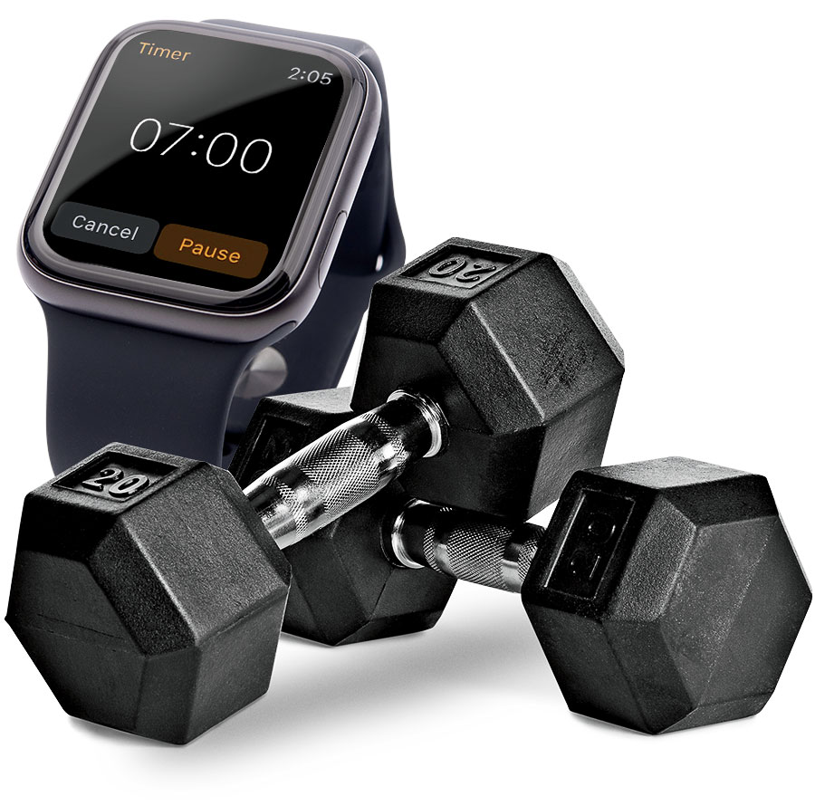 A smart watch and dumbbells