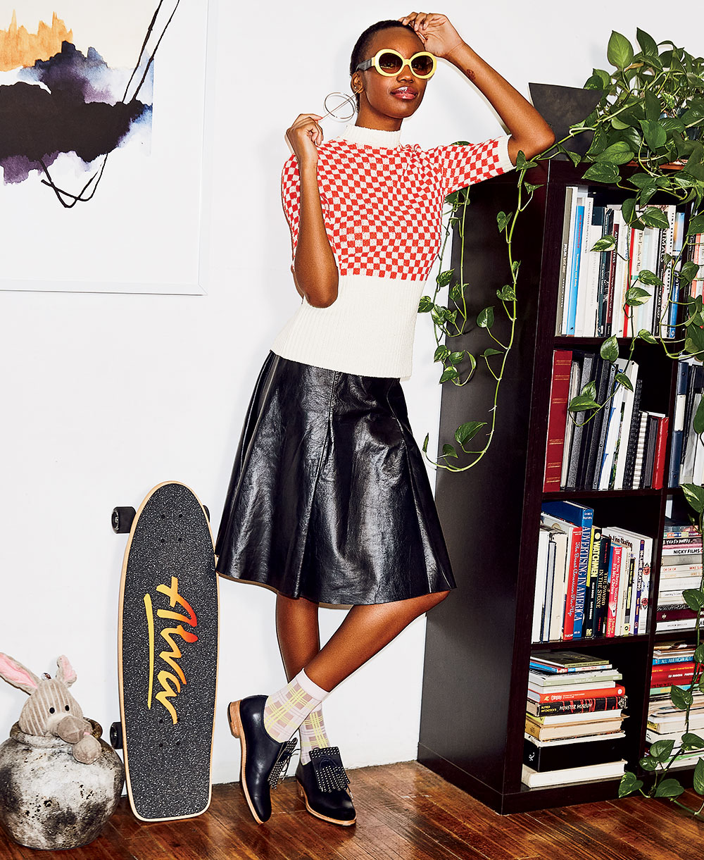 Sportmax cotton sweater and leather skirt, Histoire de Voir acetate and leather sunglasses, Studio SS earrings, Greta calf socks and The Office of Angela Scott Ms. Jane leather oxfords