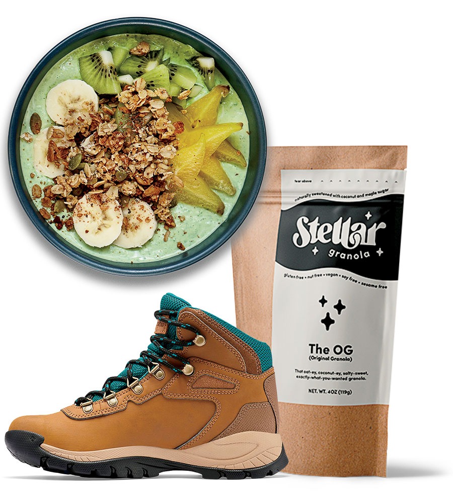 Granola bowl, granola, and a hiking boot