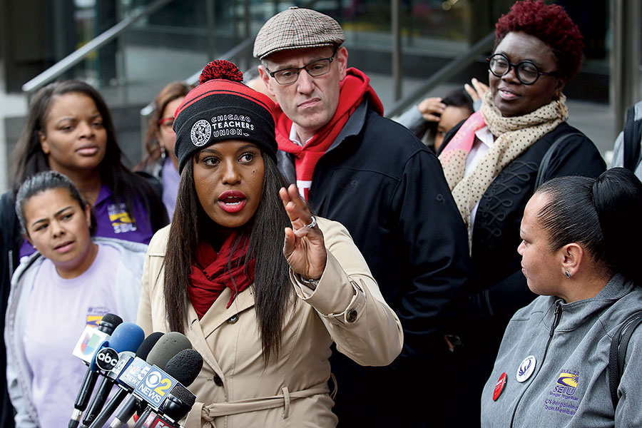 CTU president Jesse Sharkey, pictured with Gates addressing the media during the 2019 teachers’ strike.