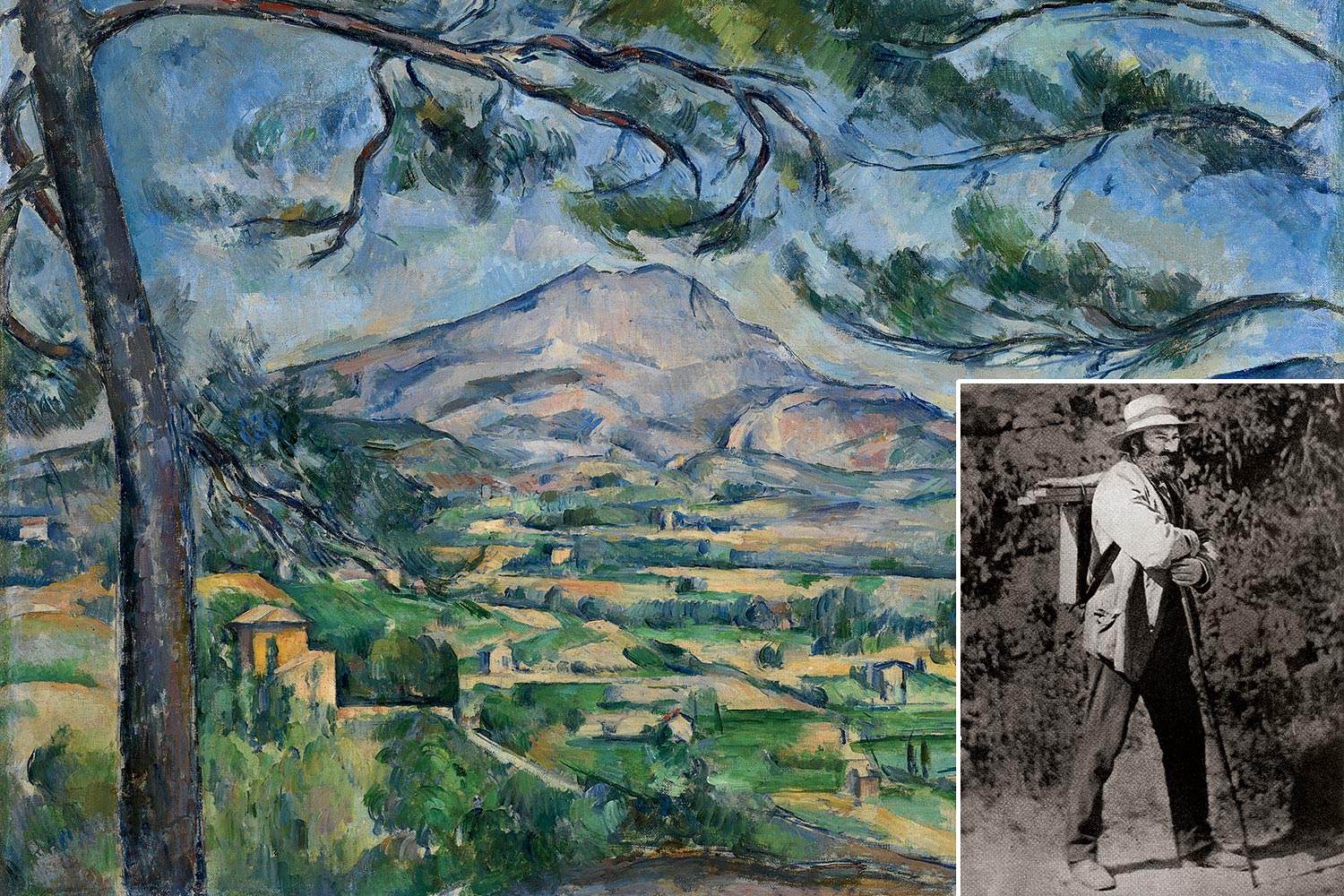 ‘Montagne Sainte-Victoire With Large Pine,’ about 1887. Inset: Paul Cezanne, circa 1875.