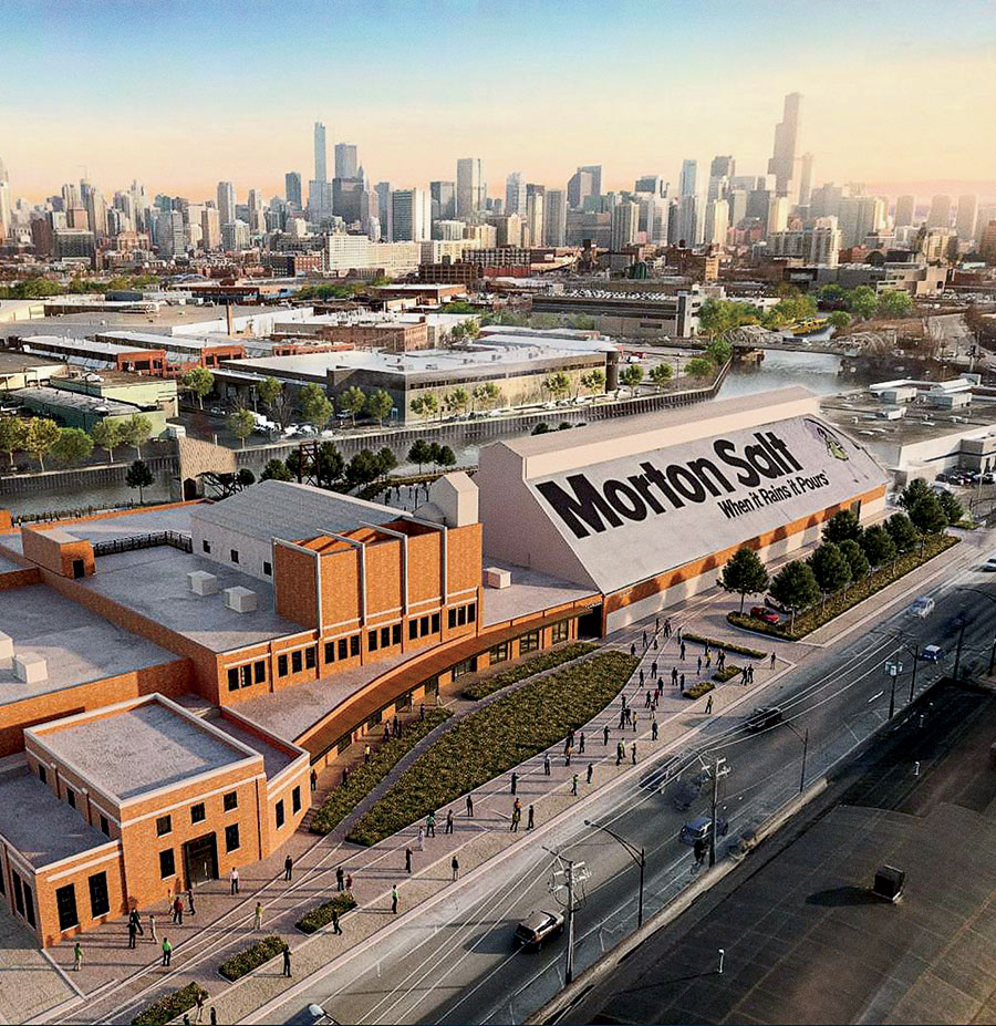 A rendering of the renovated Salt Shed campus, stretching along the Chicago River’s North Branch