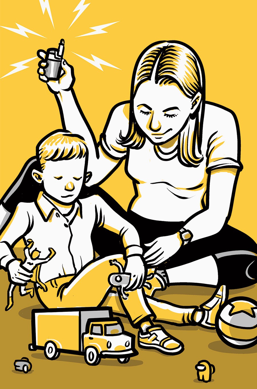 Illustration of a mother holding a vape pen while playing with her child