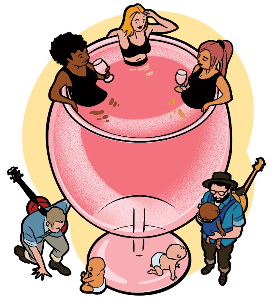 Illustration of moms enjoying wine in a wine glass pool with babies playing below
