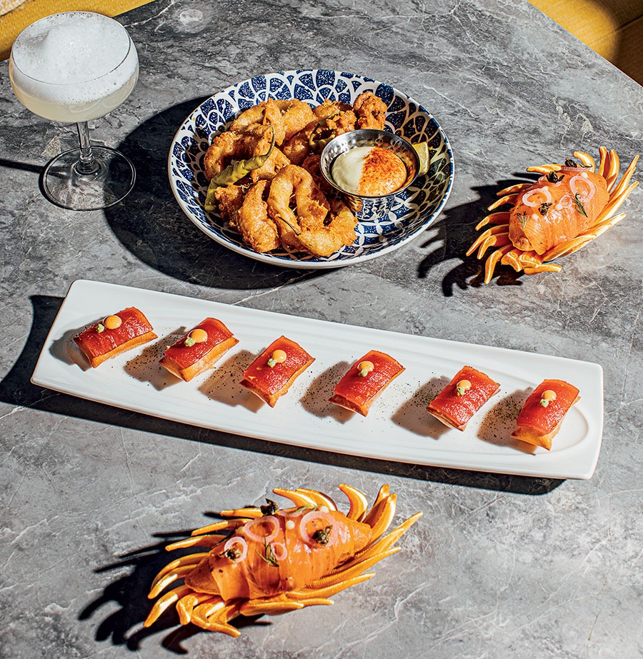 Salt Air Margarita, calamari tempura, Everything Bagel Airbread, Neptune’s Pillows