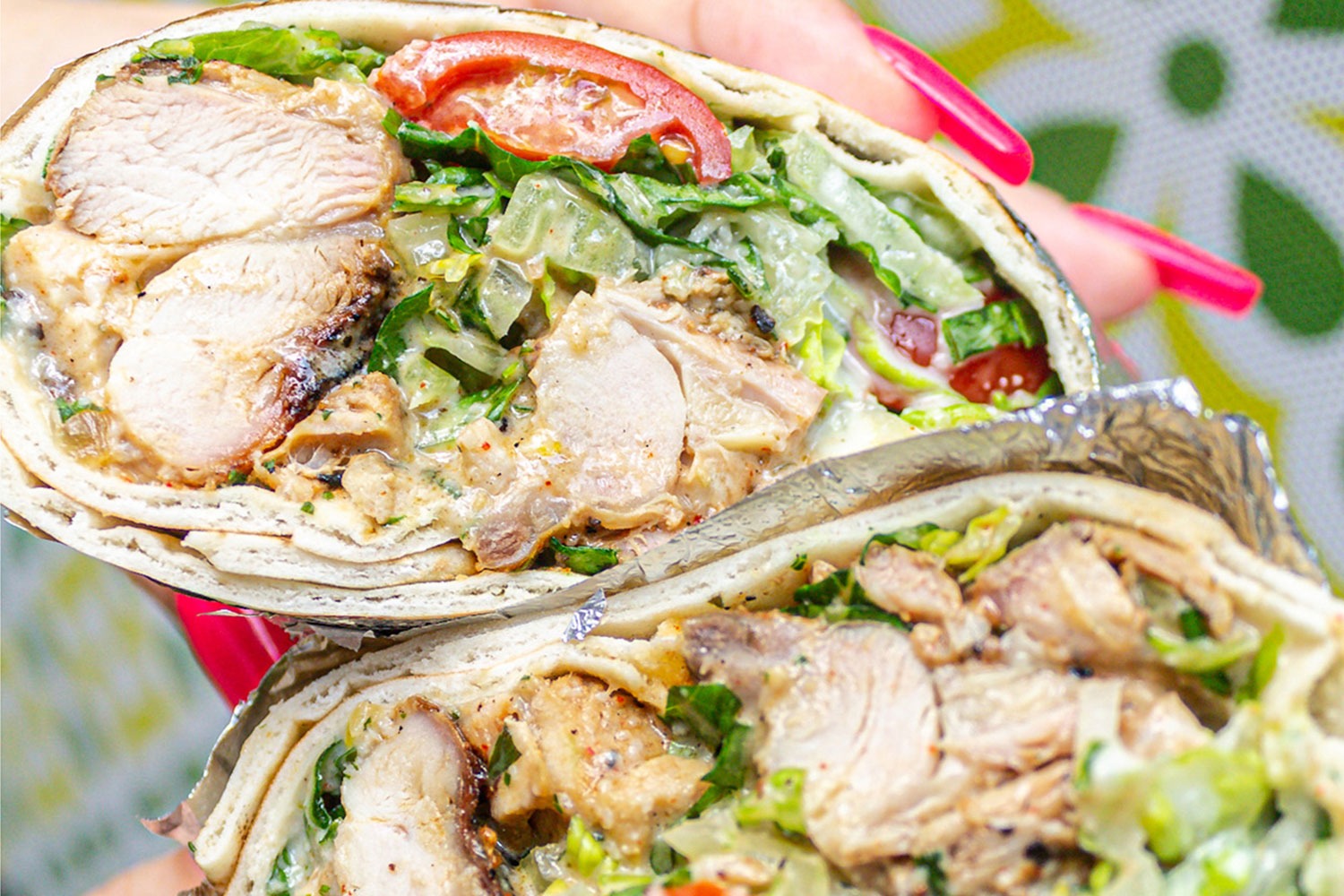 The cross section of a chicken wrap from Imee's Kitchen