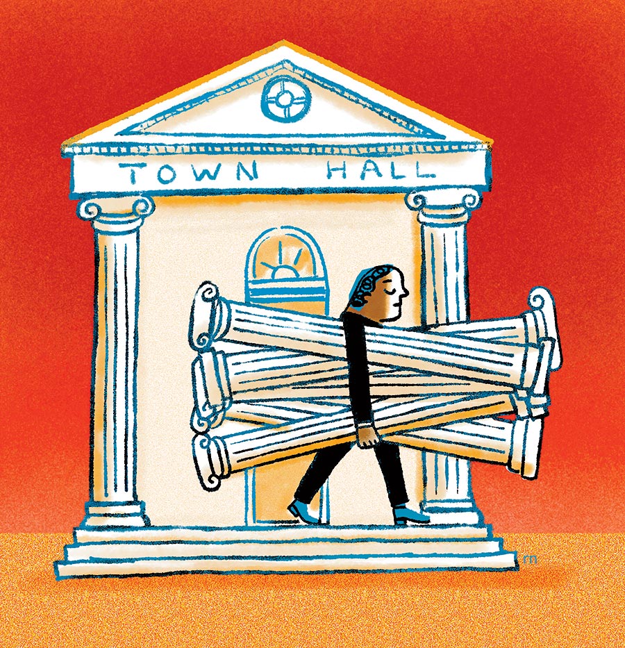 An illustration of a person carrying away columns from the Town Hall building